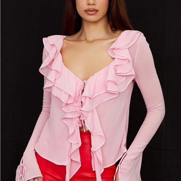 House of CB AALIYAH FAIRY PINK REAL SILK CHIFFON RUFFLE TOP & BRALET - Picture 7 of 11